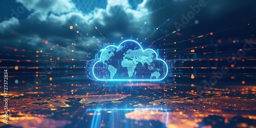 Cloud Computing Tech Concept With Global Data Transfer And Abstract World Map. Сoncept Cloud Computing, Global Data Transfer, Abstract World Map, Tech Concept photo