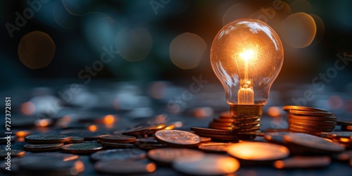 Coins Create A Stable Foundation For An Illuminating Light Bulb Metaphor. Сoncept Financial Stability, Symbolism Of Coins, Illuminating Metaphors, Building A Strong Foundation photo