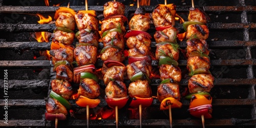 Delectable Turkey Shish Kebabs Proudly Laid Out On The Sizzling Grill. Сoncept Grilled Vegetables Feast, Mouthwatering Kabobs, Bbq Party Delights, Tasty Summer Grilling