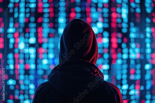 A person stands in front of a vibrant wall of illuminated lights, creating a dazzling visual display, A cyber security professional against a backdrop of code, AI Generated