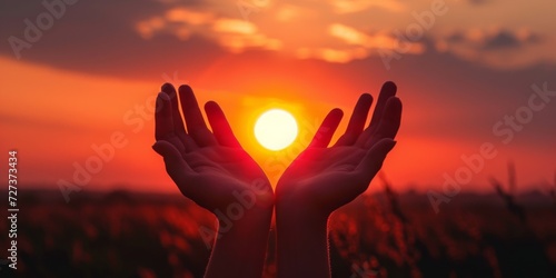 Dusk Falls As Colossal Hands Reach Out To Embrace A Glowing Sun. Сoncept Golden Hour Magic, Nature's Embrace, Mesmerizing Sunset, Celestial Affection, Enveloped In Warmth