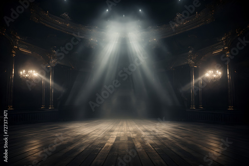 An empty stage lit up by spotlights and surrounded by smoke, with space for messages or logos in stage background. © YOUCEF