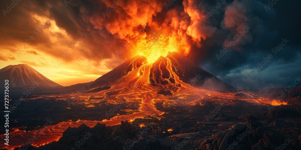 Fearsome Spectacle Of A Massive Volcanos Eruption With Billowing Lava And Ash. Сoncept Extreme Sports, Thrilling Adventures, Breathtaking Landscapes, Daring Stunts, Adrenaline Rush