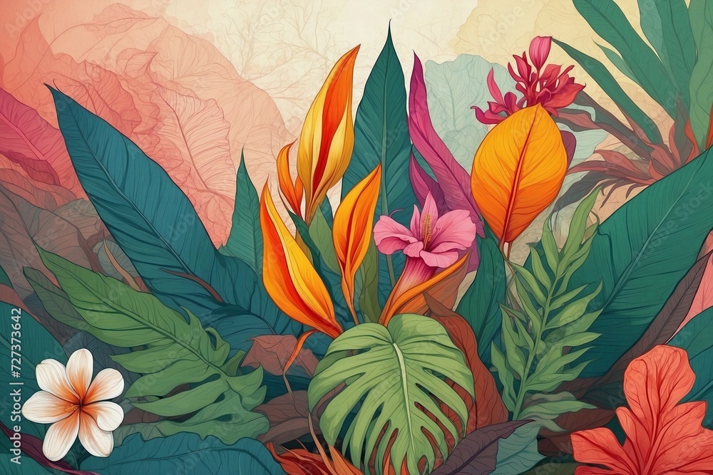 Floral pattern with tropical plants and flowers