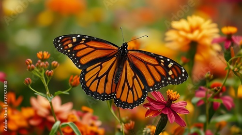 Vibrant Monarch Butterfly Resting on Colorful Blooming Flowers in a Lush Garden © Arslan