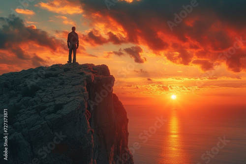 Silhouetted Man Standing Atop Cliff  Embracing the Tranquil Sunset 
