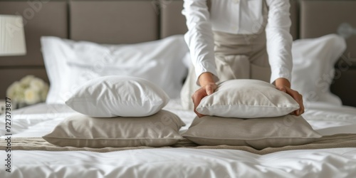 Hotel Housekeeper Neatly Arranging Pillows On Made Bed In Guest Room. Сoncept Hotel Housekeeping, Neat Pillow Arrangement, Made Bed, Guest Room