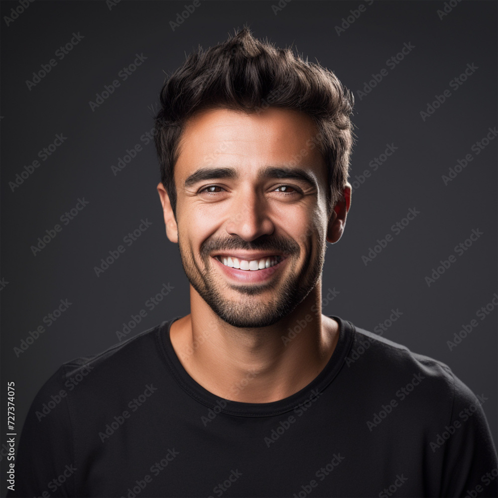 Fototapeta premium Studio portrait of a man smiling. Black background. Advertisement for dental, business, studio, etc.