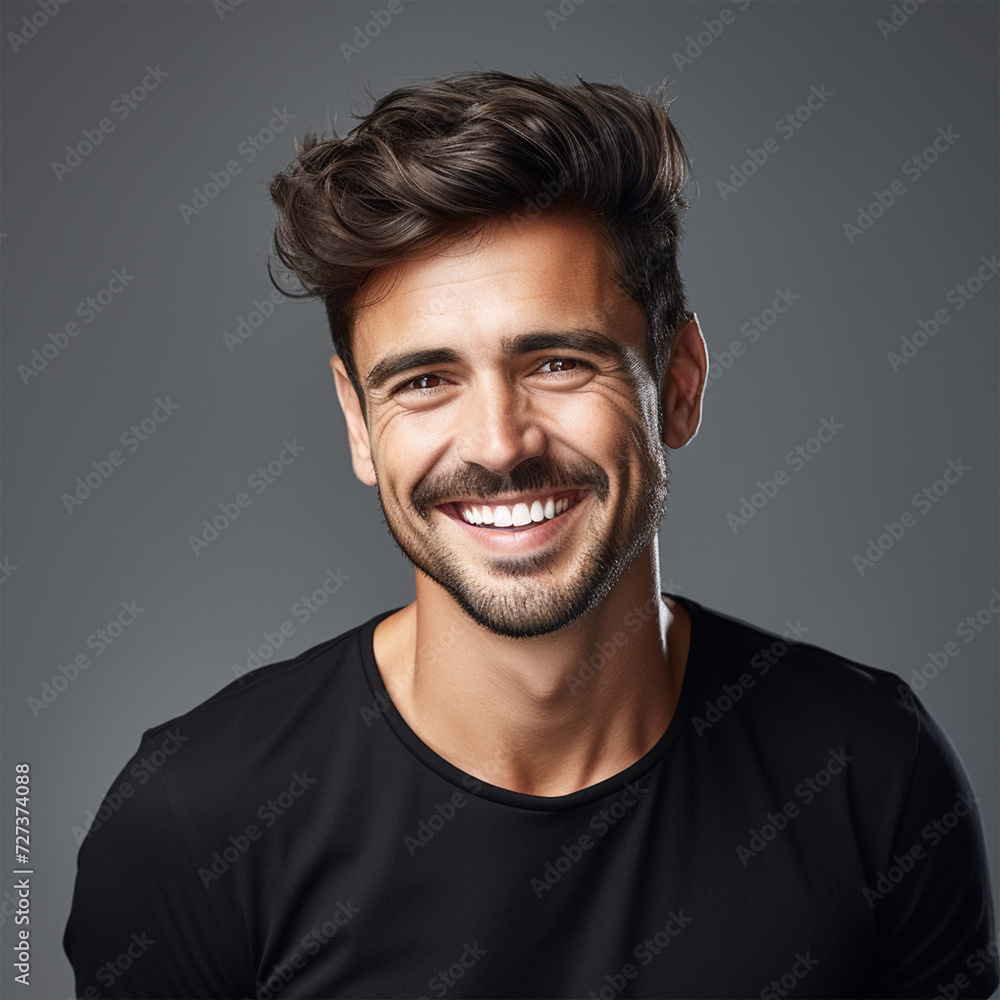 Fototapeta premium Studio portrait of a man smiling. Black background. Advertisement for dental, business, studio, etc.