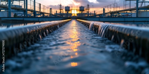 Effluent From Industrial Operations Channels Into Treatment Plant Reservoir. Сoncept Water Pollution, Industrial Waste, Treatment Plant, Reservoir Contamination, Environmental Impact