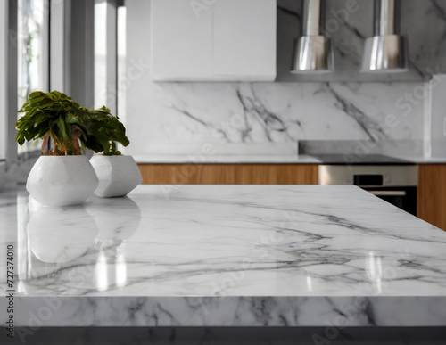 A luxury white marble tabletop minimalist kitchen