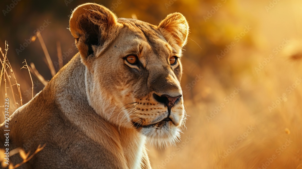 Fototapeta premium Close-Up of a Majestic Lioness Amidst Wild Grass, Illuminated by the Golden Sunset Light