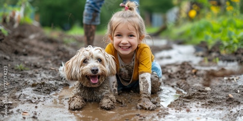 Muddy Child And Dog After Backyard Play Session Messy And Joyful. Сoncept Muddy Playtime, Messy Adventures, Backyard Fun, Dirty Joy, Playful Pups