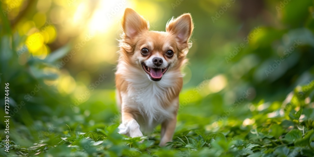 Lively Chihuahua Romps Through Vibrant Forest Scenery, Frolicking On Plush Green Carpet. Сoncept Enchanting Forest Stroll, Chihuahua Adventure, Vibrant Nature Explorations, Joyful Pet Portraits