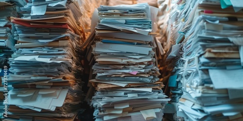 Piles Of Incomplete Paperwork, Waiting To Be Tackled And Organized. Сoncept Home Office Organization, Paperwork Management, Productivity Tips, Organizing Techniques photo