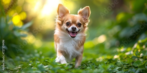 Lively Chihuahua Romps Through Vibrant Forest Scenery  Frolicking On Plush Green Carpet.   oncept Enchanting Forest Stroll  Chihuahua Adventure  Vibrant Nature Explorations  Joyful Pet Portraits