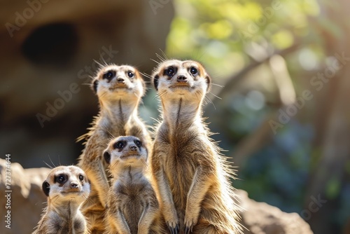 A group of meerkats, small mammals known for their alertness and social behavior, standing on a rocky outcrop, A delightful family of meerkats keeping lookout, AI Generated