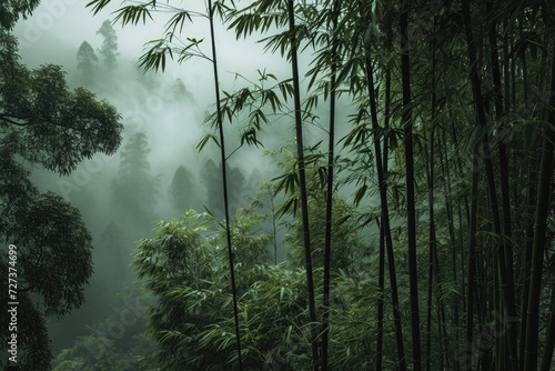 This photo captures a beautiful forest abundant with diverse trees  showcasing the rich greenery and natural diversity of the area  A dense bamboo forest shrouded in mist  AI Generated