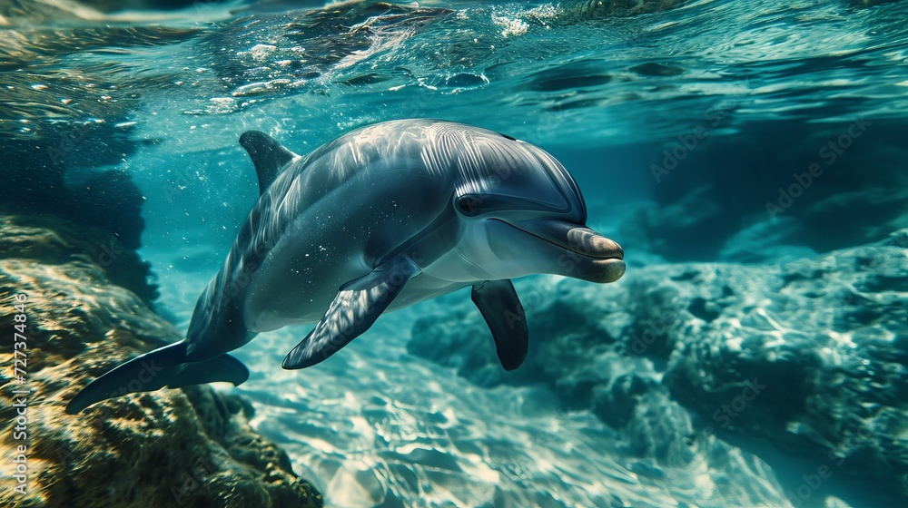 Obraz premium Graceful Dolphin Swimming Under Crystal Clear Waters, Illuminated by Sunlight with Rocks Below Surface