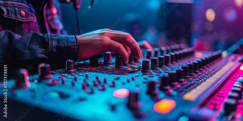Sound Engineer Adjusting Mixer For Optimal Audio Levels During Live Event. Сoncept Live Event Sound Mixing, Audio Level Adjustment, Sound Engineer, Mixer Optimization