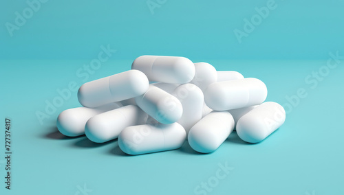 Pile of white capsules on a blue background, representing pharmaceutical medicine and healthcare.