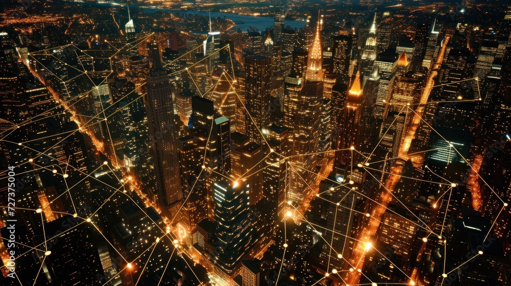 Smart city and big data connection on city skyline background. Generate AI image Smart city and big data connection on city skyline background. Generate AI image