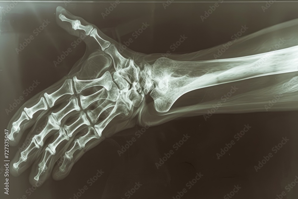 Naklejka premium This photo is an x-ray image of a hand that clearly shows a long bone within the hands structure, A dislocation seen through an x-ray lens, AI Generated