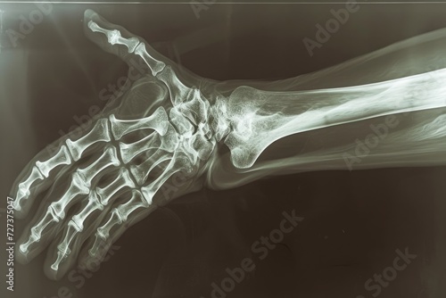 This photo is an x-ray image of a hand that clearly shows a long bone within the hands structure, A dislocation seen through an x-ray lens, AI Generated photo