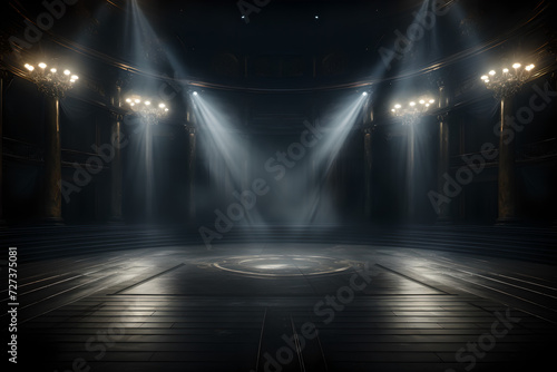 An empty stage lit up by spotlights and surrounded by smoke, with space for messages or logos in stage background.  © YOUCEF