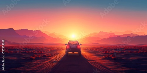 Breathtaking Vector Artwork Depicting A Car On A Sun-Drenched Dirt Path. Сoncept Abstract Watercolor Landscapes, Dramatic Black And White Street Photography, Macro Close-Up Nature Shots