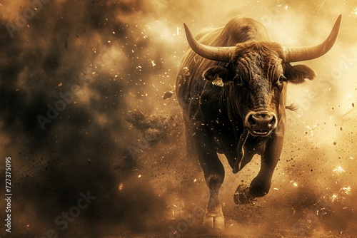 A strong and powerful bull charging through a dusty field, displaying its agility and strength, A dramatic image of a raging bull charging, AI Generated