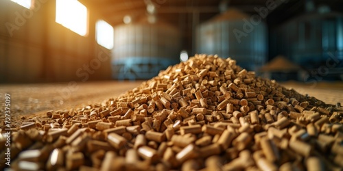 Transforming Agricultural Waste At A Plant Into Sustainable Wood Pellet Production For Renewable Energy. Сoncept Agricultural Waste Recycling, Sustainable Wood Pellet Production, Renewable Energy