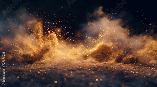 Eruption of sand, featuring bursts of golden-colored particles set against a striking dark backdrop – a stunning creation by generative AI