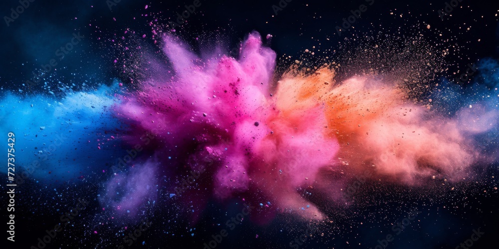 Vibrant Colored Powder Explodes, Creating A Stunning Visual Against Dark Backdrop. Сoncept Fashionable Street Style, Nature-Inspired Backdrops, Candid Moments, Artistic Silhouettes