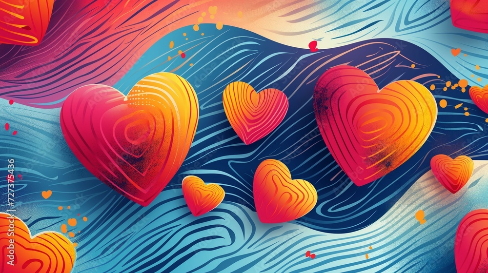 Abstract heart illustrations floating on a blue wavy backdrop.