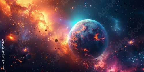 Vibrant Cosmic Artwork Featuring A Mystical Planet, Stars, Nebulae, And Falling Asteroids. Сoncept Cosmic Art, Mystical Planet, Stars, Nebulae, Falling Asteroids