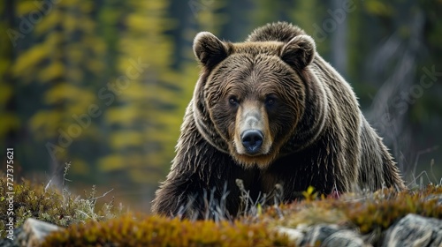 Wild brown bear in natural habitat, surrounded by greenery and forest, close-up detailed view