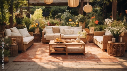 Use low wooden tables, wicker furniture, and potted plants to enhance the natural and free-spirited atmosphere outdoorsar