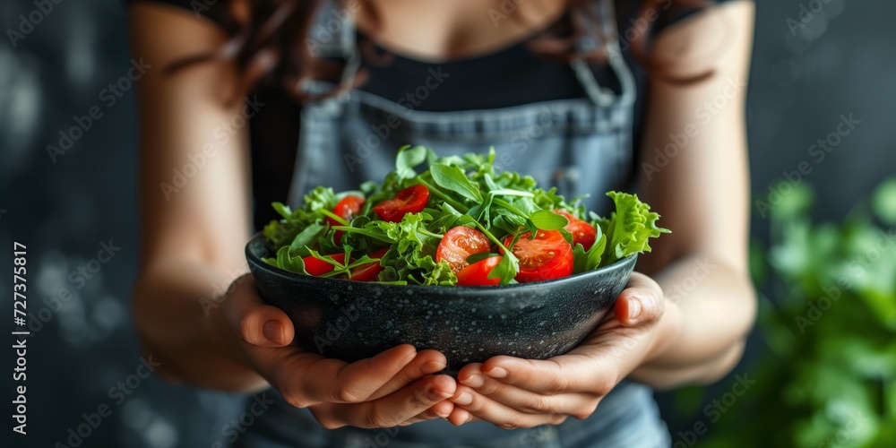 Woman Preparing Healthy Vegan Salad, Promoting Clean Eating And Dieting. Сoncept Vegan Recipes, Clean Eating Tips, Salad Making Tips, Healthy Dieting, Promoting Wellness