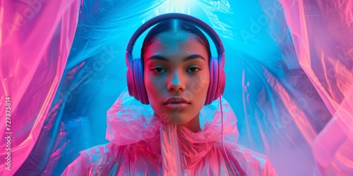 Woman In Plastic Raincoat And Headphones Futuristic Ai Vibes. Сoncept Rainforest Conservation, Sustainable Fashion, Tech-Inspired Art, Environmental Awareness, Music And Technology Integration photo