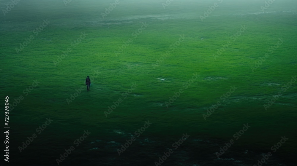 green empty space. a small figure of a man in the distance. loneliness, depression and mental health. to be alone, solo.
