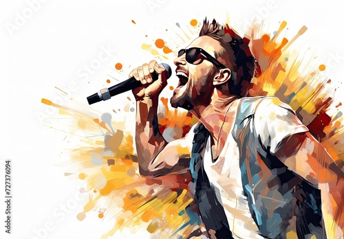 Singing male soloist with a microphone. Portrait of the vocalist. Digital art in watercolor style with paint splatters. Illustration for cover, card, postcard, interior design, poster, brochure, print photo