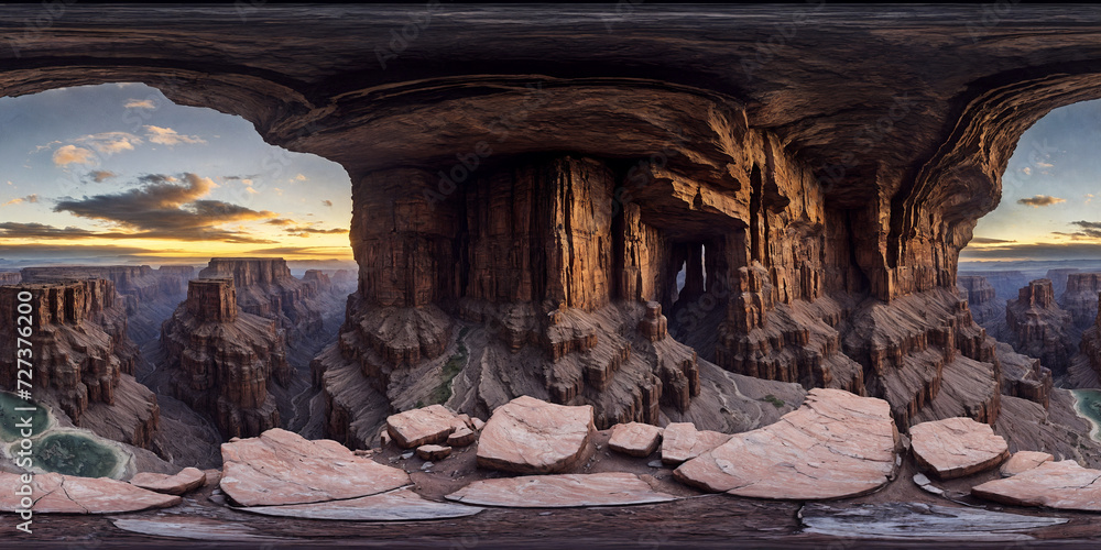 view over canyon Full 360 degrees seamless spherical panorama HDRI equirectangular projection of. Texture environment map for lighting and reflection 3d scenes. 3d background illustration.  - obrazy, fototapety, plakaty 