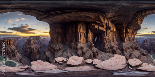 view over canyon Full 360 degrees seamless spherical panorama HDRI equirectangular projection of. Texture environment map for lighting and reflection 3d scenes. 3d background illustration.  photo