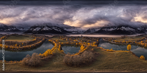 autumn mountain and lake Full 360 degrees seamless spherical panorama HDRI equirectangular projection of. Texture environment map for lighting and reflection 3d scenes. 3d background illustration. 