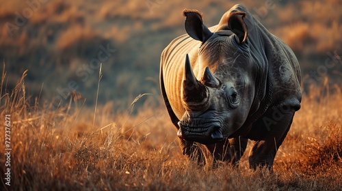 Majestic Rhino Grazing in Golden Sunset Light Amidst Wild Grasslands photo