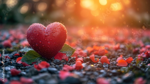 Red Heart Resting on Leaf-Covered Ground, Symbolizing Love and Affection