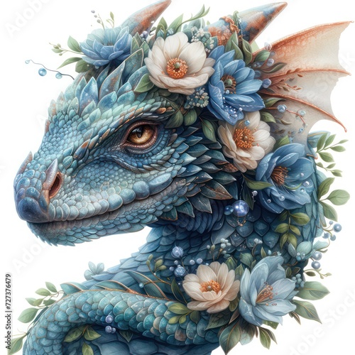 Whimsical dragon watercolor clipart on a white background adorned with flowers.