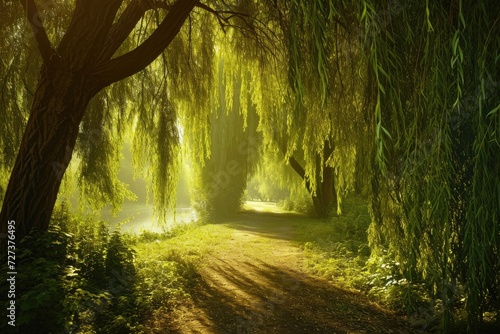 A curving path leads through a lush green forest, flanked by towering trees, with a majestic tree standing tall on the side, A fairy-tale inspired forest with whimsical willow trees, AI Generated
