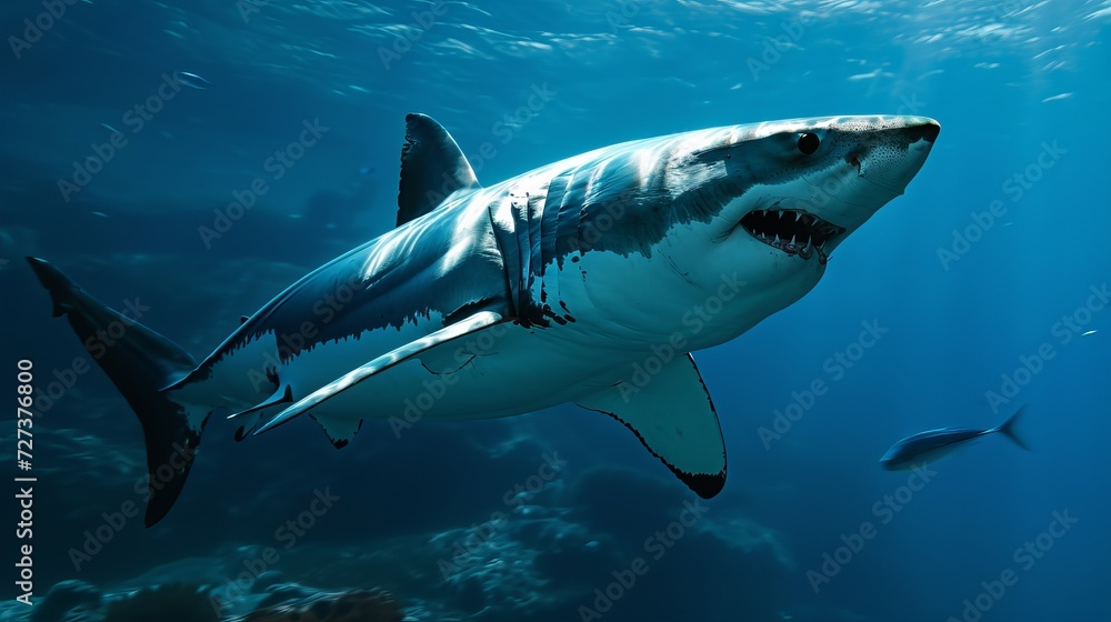 Majestic Great White Shark Swimming in Deep Blue Ocean Waters, Surrounded by Small Fish and Illuminated by Sunlight Majestic Great White Shark Swimming in Deep Blue Ocean Waters, Surrounded by Small Fish and Illuminated by Sunlight